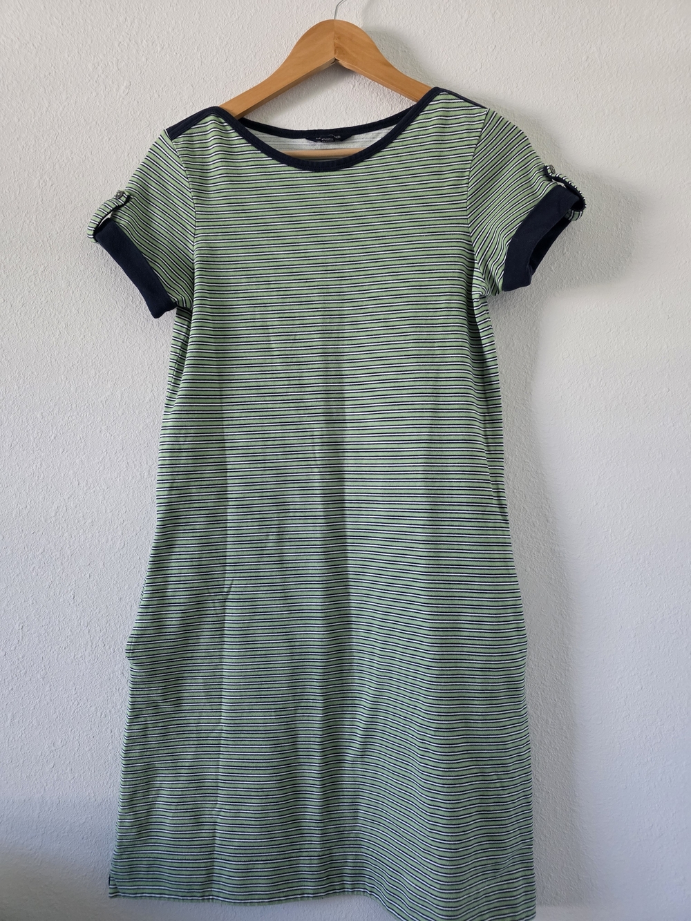 Lands' End Green and Navy Striped Short-Sleeve Midi Dress
